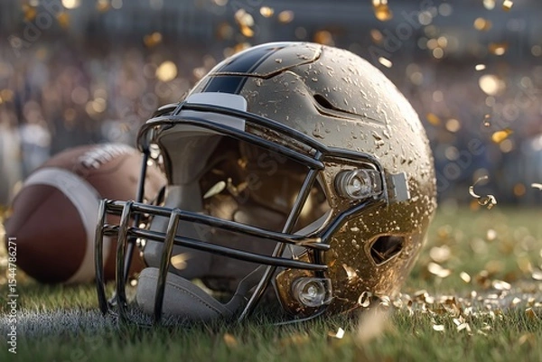 Obraz Ball on field, golden football helmet. There is confetti. athletic gear. Moment of victory. Generative Ai