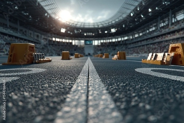 Obraz A front view of a sports arena including starting blocks and a racetrack. Generative Ai
