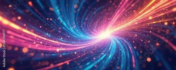 Fototapeta Abstract illustration of data transfer process. Data streams as colorful glowing lines, swirls, light explosions in cyberspace. Concept of fast connection, digital information flow.