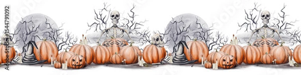 Fototapeta  Seamless border with pumpkins and skeletons. Jack's head. Halloween border. Old black hat. Scary branches with cobwebs and full moon. Candles are burning. Watercolor illustration. Hand drawing.