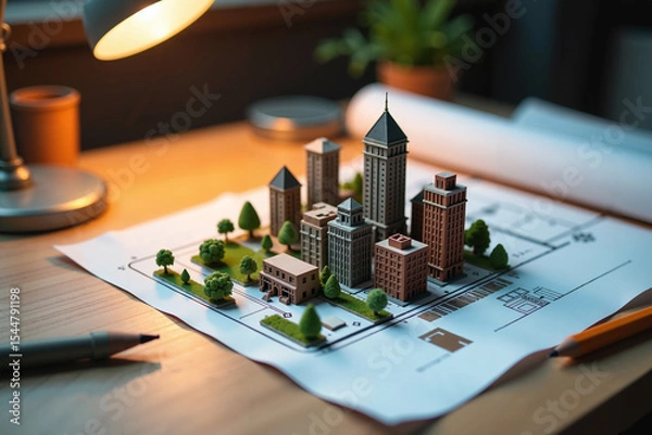 Obraz A highly detailed miniature model of a city placed on a wooden table, surrounded by architectural drawings, pencils and drafting tools.