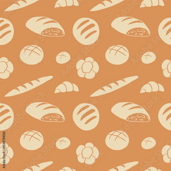 Obraz Bakery products pastry seamless pattern. Vector repeating background with hand drawn bread, loaf, bagel, croissant, muffin,  bun, cheesecake, eat wheat. Food, bakeshop, menu. Design textured rapport 