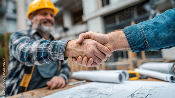 Fototapeta Construction worker wea a hard hat shakes hands with a client over blueprints at a construction site after successful agreement and future project planning.