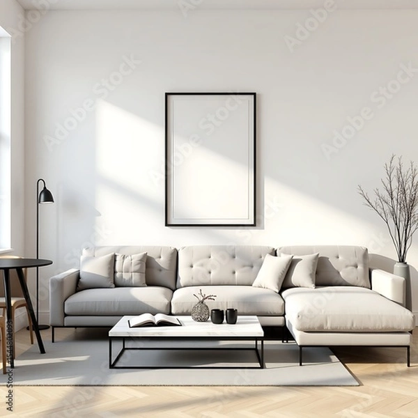 Fototapeta Modern Living Room Frame Mockup – ISO A Paper Size Poster on Wall, Interior Scene with Home Background, 3D Render for Art & Print Display