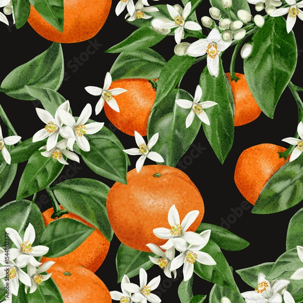 Obraz Seamless pattern with oranges and flowers on branches. White small flowers with citrus fruits. Leaves and petals. Watercolor illustration on dark background. Hand drawn. Vintage retro style.