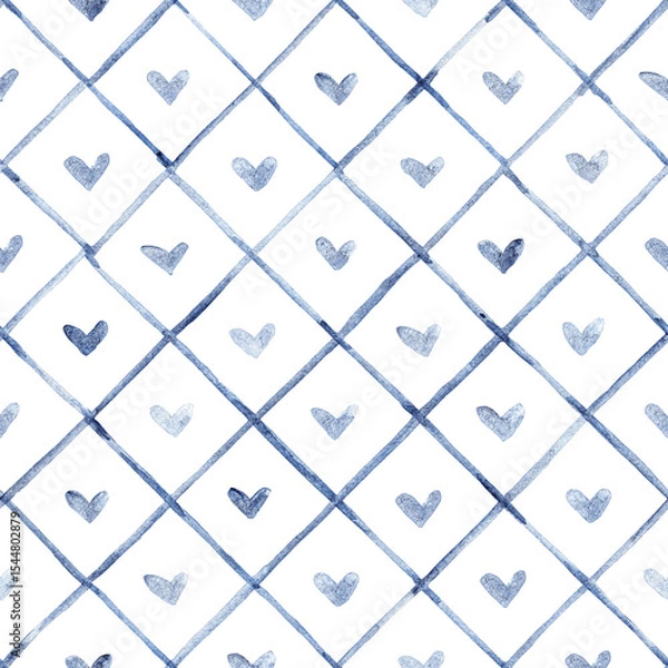 Fototapeta Hand-painted seamless pattern with small blue hearts on a grid. Light and airy design with a romantic, whimsical feel. Ideal for cards, packaging, or surface design.