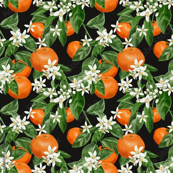 Obraz Seamless pattern with oranges and flowers on branches. White small flowers with citrus fruits. Leaves and petals. Watercolor illustration on dark background. Hand drawn. Vintage retro style.