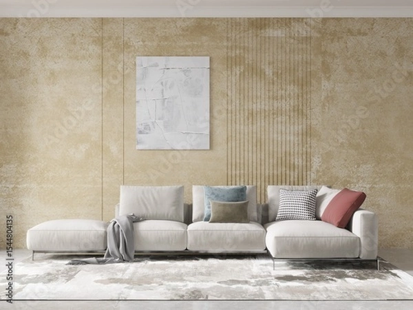 Fototapeta Mock up of a stylish living room with an original comfortable sofa and a modern decorative background, 3D rendering.
