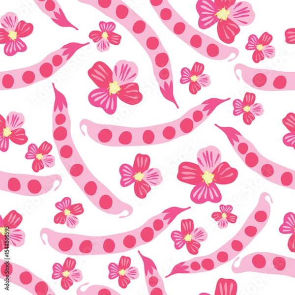 Fototapeta pink colored peas pods and colored flowers on white background vector seamless pattern. pink beans and flowers seamless pattern. It is good for textile, fabric, decorations, packaging and wrapping.
