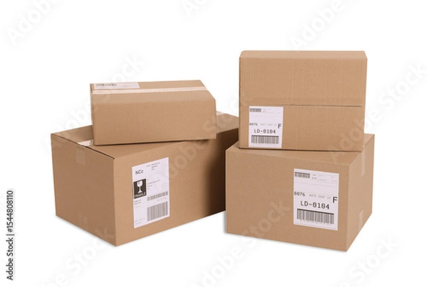 Obraz Many parcels with shipment labels isolated on white