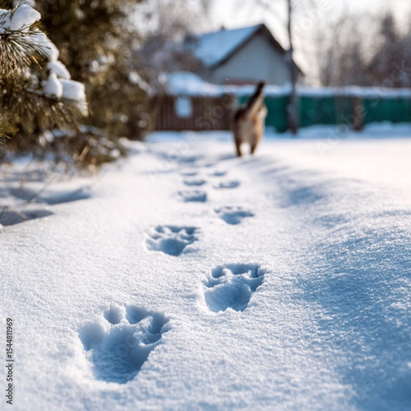 Fototapeta Cat paw prints on snow