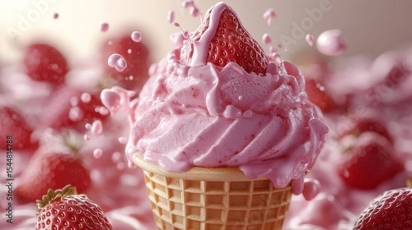 Fototapeta Close up of strawberry ice cream topped with fresh strawberries with splashes of pink ice cream around the cone