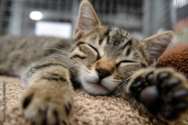 Fototapeta Curious Tabby Cat Relaxing Indoors, Looking Directly at Camera, Detailed Fur Pattern, Close-Up Portrait, Concept of Pet Care, Feline Companionship, and Domestic Animals