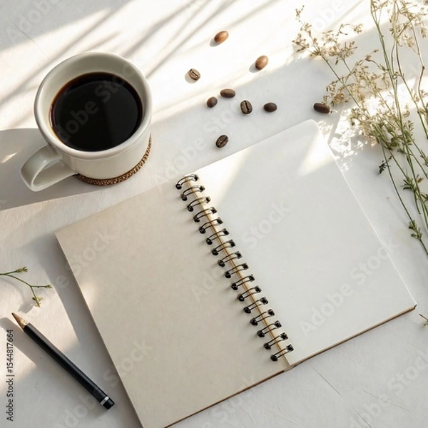 Fototapeta Blank Spiral Notebook Mockup with Coffee Mug and Seeds on White Desk 