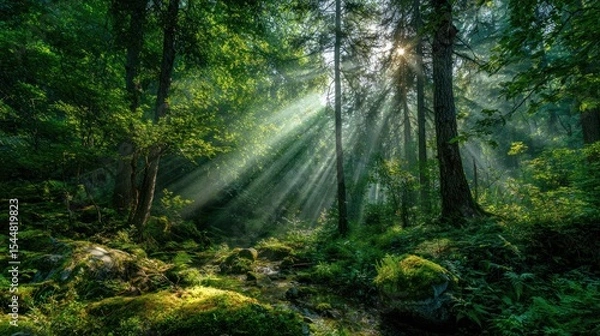 Fototapeta Sunlight Rays Filtering Through Dense Green Forest, Vibrant Natural Scenery of Woodland With Ferns and Moss, Concept of Nature Inspiration and Environmental Preservation