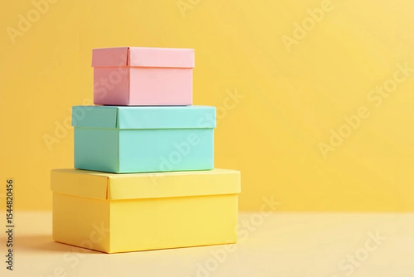 Fototapeta Neatly stacked pyramid of cardboard boxes in soft pastel colors on yellow background