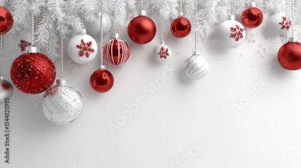 Fototapeta Beautiful Arrangement of Red and White Christmas Ornaments Hanging on a White Tree, Festive Background for Holiday Season, Concept of Seasonal Decoration and Winter Celebrations
