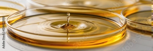 Fototapeta Golden Liquid Droplets in Glass Petri Dish Creating Ripples of Elegance, Representing Purity and Scientific Exploration Concepts