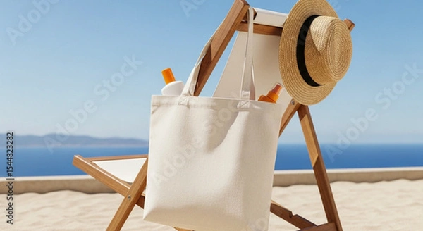 Obraz Blank Canvas Tote Bag with Sunscreen Bottles and a Straw Hat Hanging on a Beach Chair Summer Vacation Essentials and Customizable Mockup