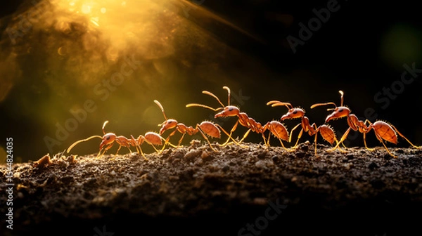 Obraz A swarm of ants forming a perfect line as they work together to transport food back to the nest, their movements coordinated with precision.