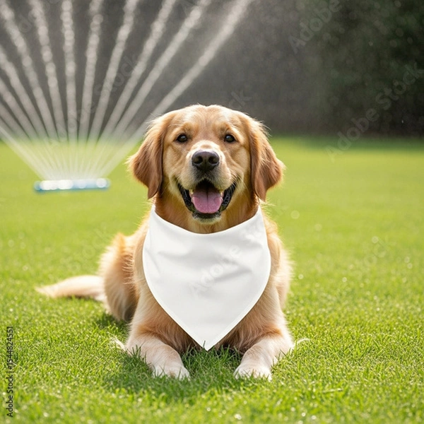 Fototapeta Smiling Golden Retriever Dog Wearing a Blank White Bandana Lying on Green Grass with a Sprinkler in the Background Pet Apparel Mockup and Summer Fun