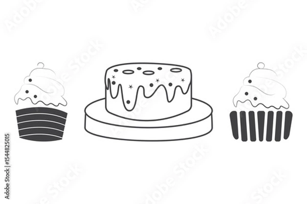 Obraz A set of birthday cakes, Happy Birthday Cake Doodle icon set, Hand sketch drawing line art illustration Vector, minimalist black linear sketch isolated on white background