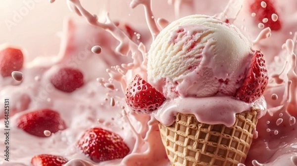 Fototapeta Close-up of waffle cone filled with juicy scoop of strawberry ice cream topped with swirls of strawberry sauce, dynamic splashes of pink melted ice cream exploding around cone