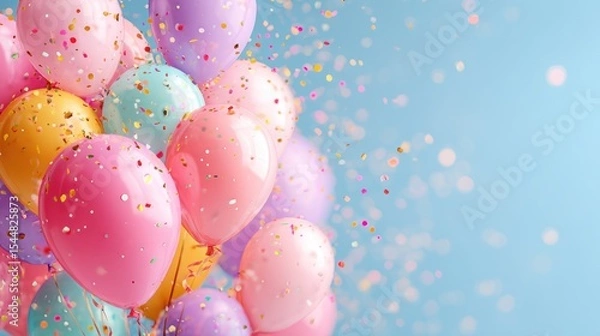 Fototapeta Colorful Party Balloons with Confetti on a Light Blue Background, Perfect for Celebrations, Birthdays, and Events, Concept of Joyful Celebrations, Festive Designs, and Cheerful Decorations