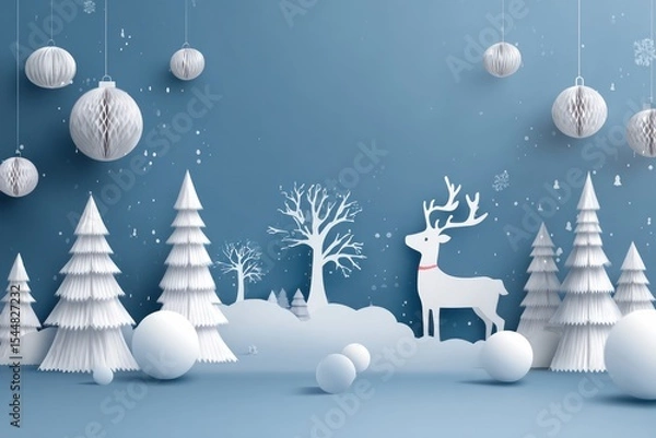 Fototapeta Winter-Themed Paper Art of Deer and Trees in Snowy Scene Featuring Geometrical Ornaments and Calm Background for Seasonal Celebrations - Concept of Holiday Greeting and Decoration