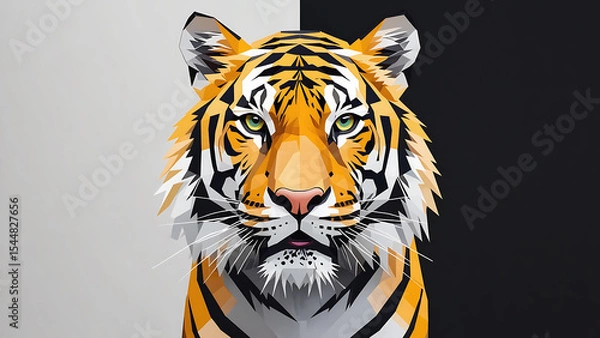 Fototapeta Geometric tiger portrait with black and white background, showcasing a modern and stylized design.