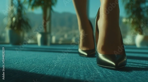 Fototapeta Close-up shot of chic black high heels on a soft blue carpet, highlighting style and sophistication in a bright, contemporary room with a stunning backdrop