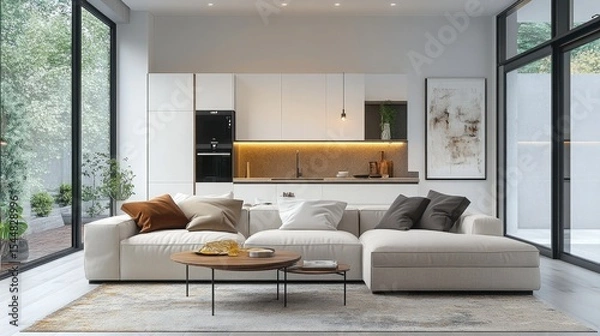 Fototapeta Modern minimalist living room design showcasing a spacious L-shaped sofa near large windows overlooking a tranquil garden creating a serene atmosphere with natural light.
