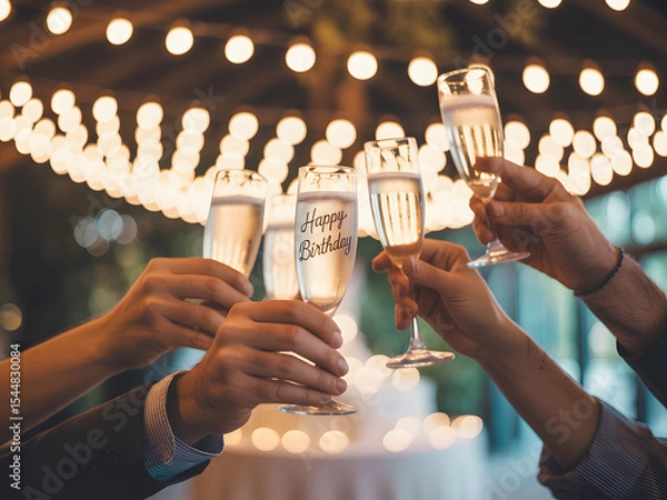 Obraz Champagne Toast at Celebration Party with String Lights and Silhouetted Hands