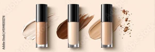 Fototapeta Three makeup products are shown side by side, with a white background. The products are all different shades of foundation, with one being a lighter shade and the other two being darker shades