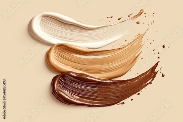 Fototapeta Three different shades of foundation are blended together in a single brushstroke. The colors are brown, tan, and white