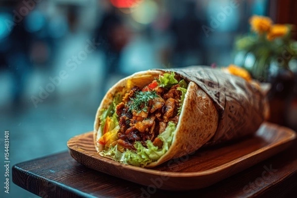 Fototapeta Delicious Grilled Chicken Wrap Served on Wooden Plate in Urban Cafe Setting, Highlighting Street Food Culture for Culinary Artists, Food Bloggers, and Gourmet Enthusiasts
