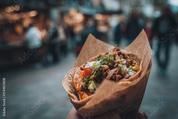 Fototapeta Close-Up of a Street Taco in a Compostable Wrapper at an Outdoor Food Market with Blurred Urban Background, Concept of Culinary Arts and Food Photography