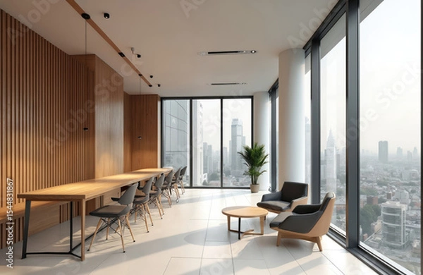 Fototapeta Modern office interior design. Open space with wooden wall, tables, waiting area. City view from big window, chairs and plants. Minimalist style for business meeting, consulting.