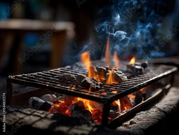 Obraz Sizzling charcoal grill with rising smoke