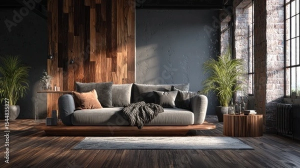 Fototapeta Modern style living room with warm textures, featuring a low-profile comfy sofa