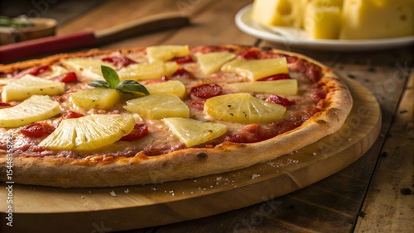 Fototapeta Delicious Pineapple Pizza: A close-up shot showcases a mouthwatering pizza with a golden crust, generously topped with juicy pineapple chunks, creating a delightful blend of sweet and savory flavors.
