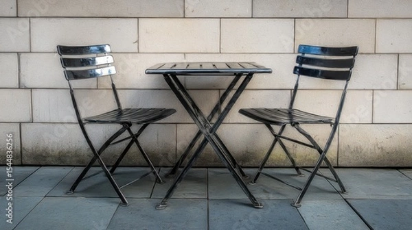 Fototapeta Powder-coated tabletop with sharp lines and two metal chairs, all with matching tones