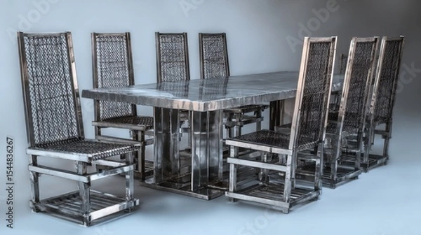 Fototapeta Profile shot of a steel table and chairs, demonstrating compact yet sturdy dining design