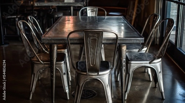Fototapeta Profile shot of a steel table and chairs, demonstrating compact yet sturdy dining design