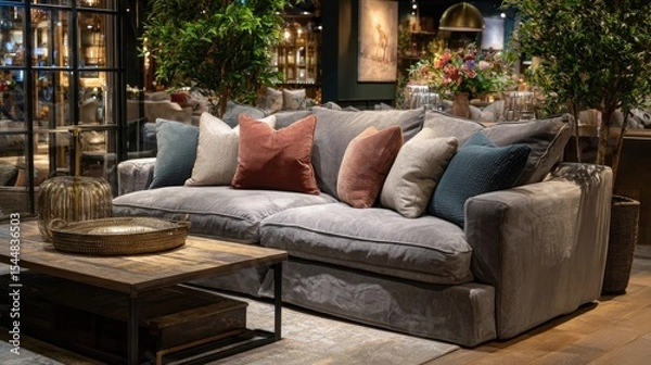 Fototapeta Relaxed seating with a classic fabric sofa and warm ambient lighting, perfect for family time