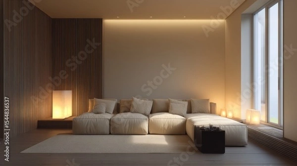 Fototapeta Relaxing living room layout with ergonomic sofa and well-placed lighting for calm ambiance