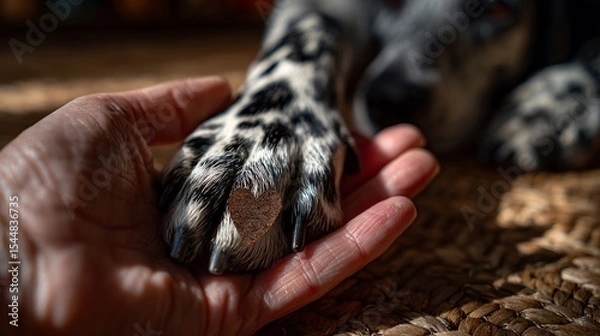Obraz Spotted paw resting lovingly in hand