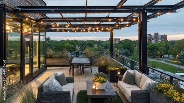 Fototapeta Rooftop scene at dusk with elegant lighting and decorative plants adding warmth