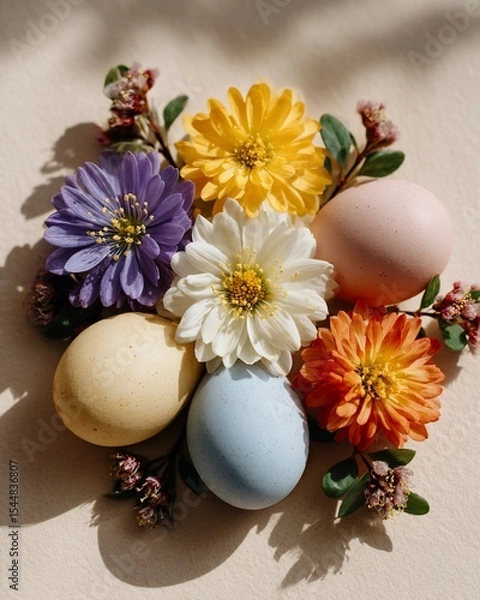Obraz Springtime pastel eggs and blooming mums arrangement