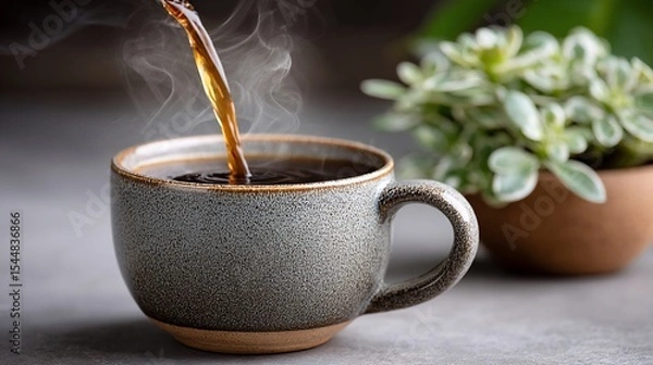 Obraz Steaming coffee cascading into speckled mug
